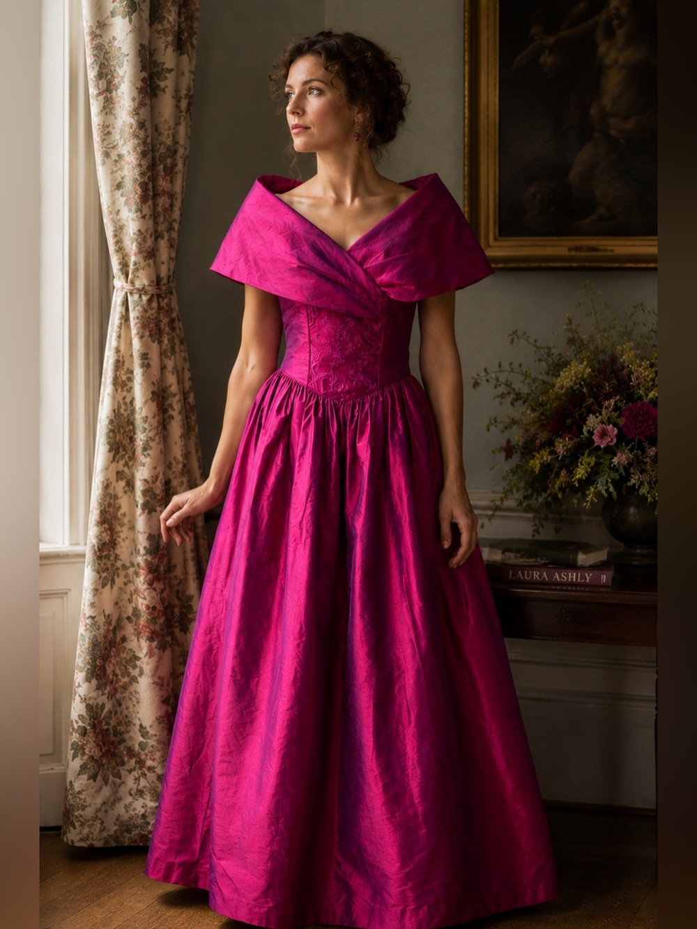 Vintage 80s Laura Ashley 100% Silk Fuchsia Portrait Collar Formal Gown Size 8